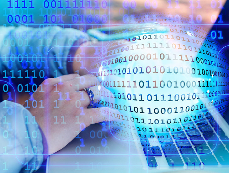 collage of hands at a computer keyboard with a sphere and ones and zeros overlay